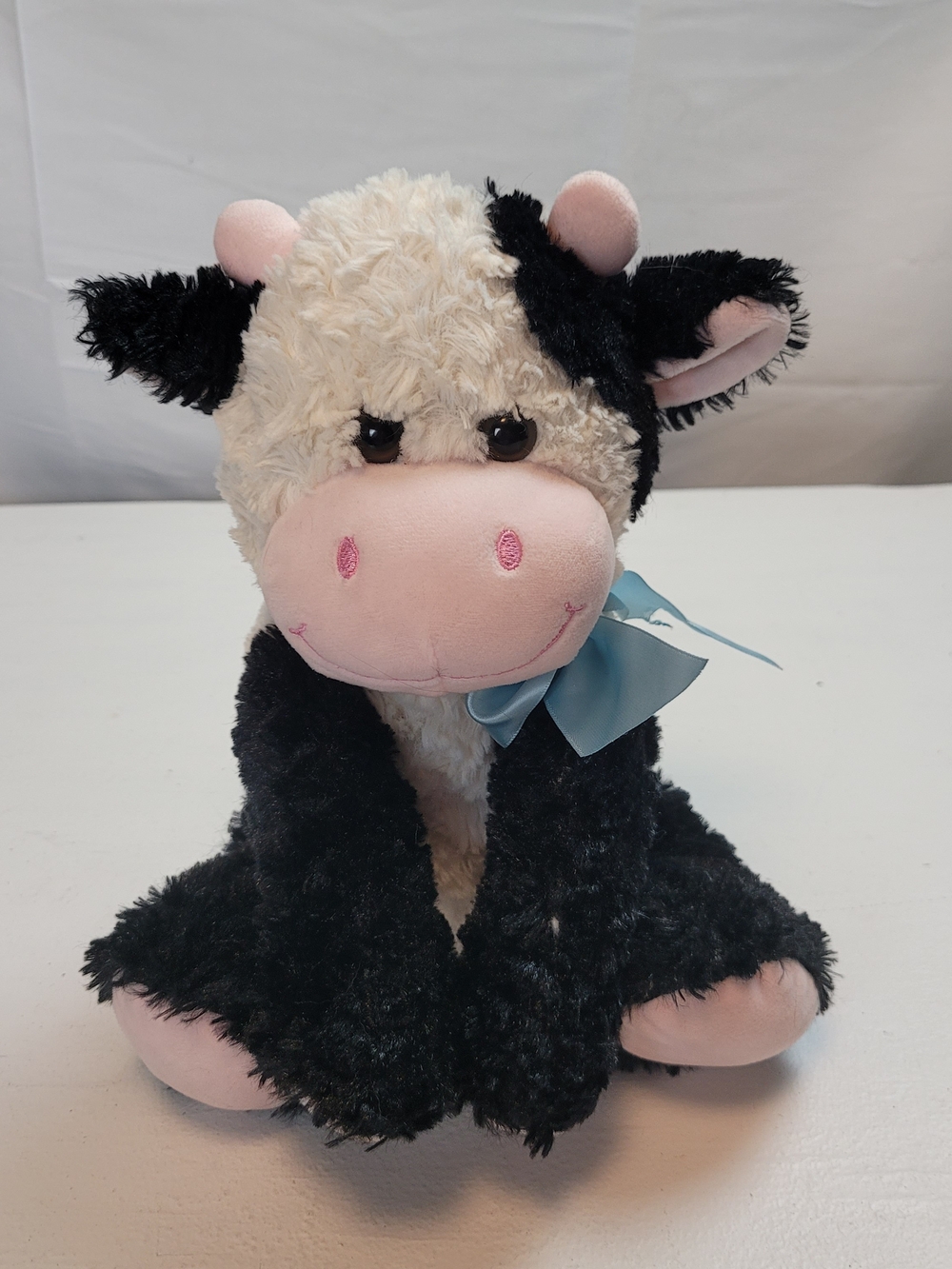 Kellytoy Black White and Pink Plush Cow with Blue Ribbon